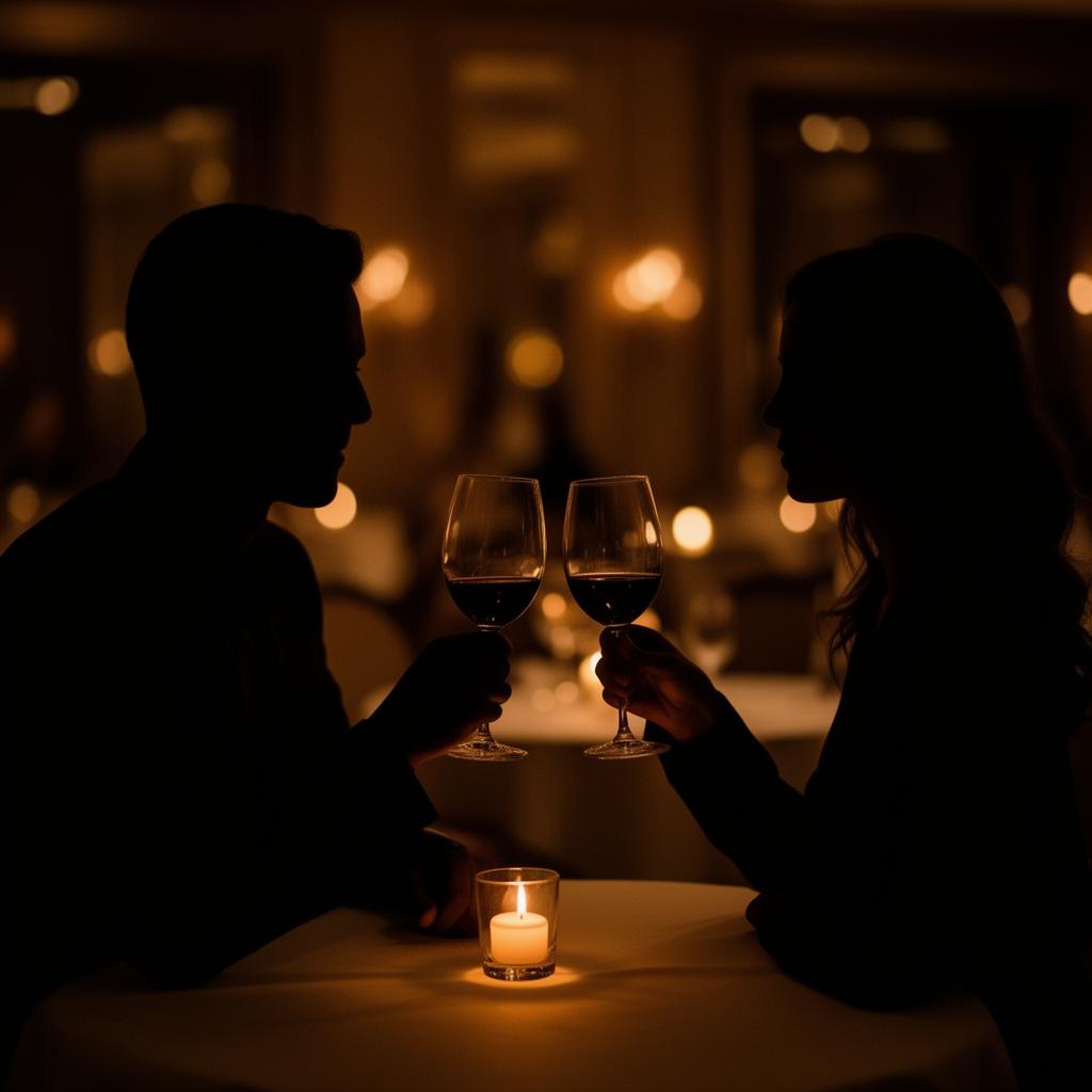 Cuplu siluetă cu pahare de vin în lumina lumânărilor