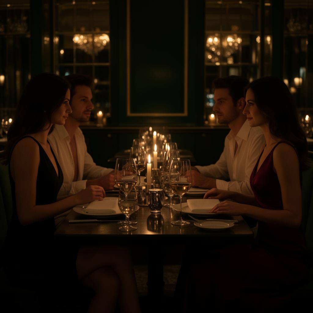 Două cupluri la cină într-un restaurant intim cu lumină de lumânări