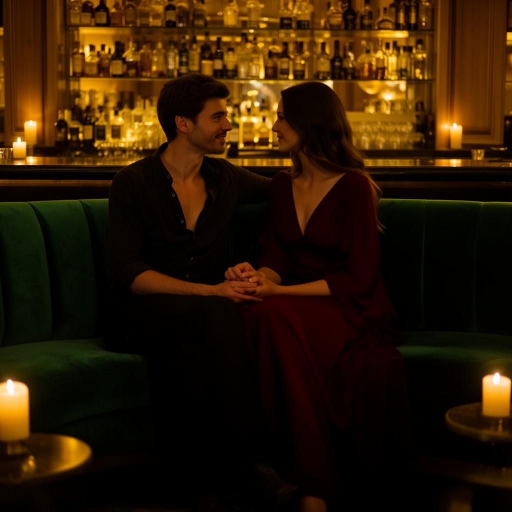 Două cupluri pe canapea de catifea într-un lounge privat